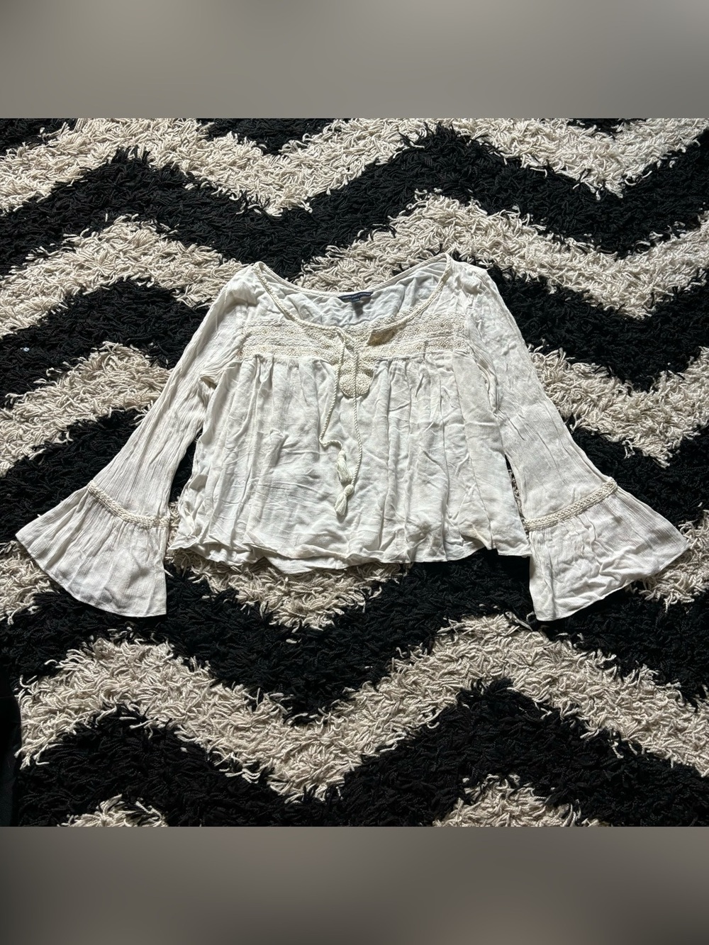 Festival White Sequined V-Neck Tassel Bell Sleeve Flowy Shirt